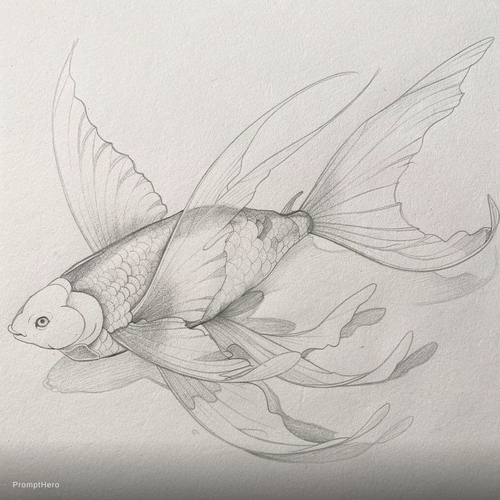 AI generated: Pencil drawing of a graceful fish viewed from above, as if seen from a bird’s-eye perspective. The f...