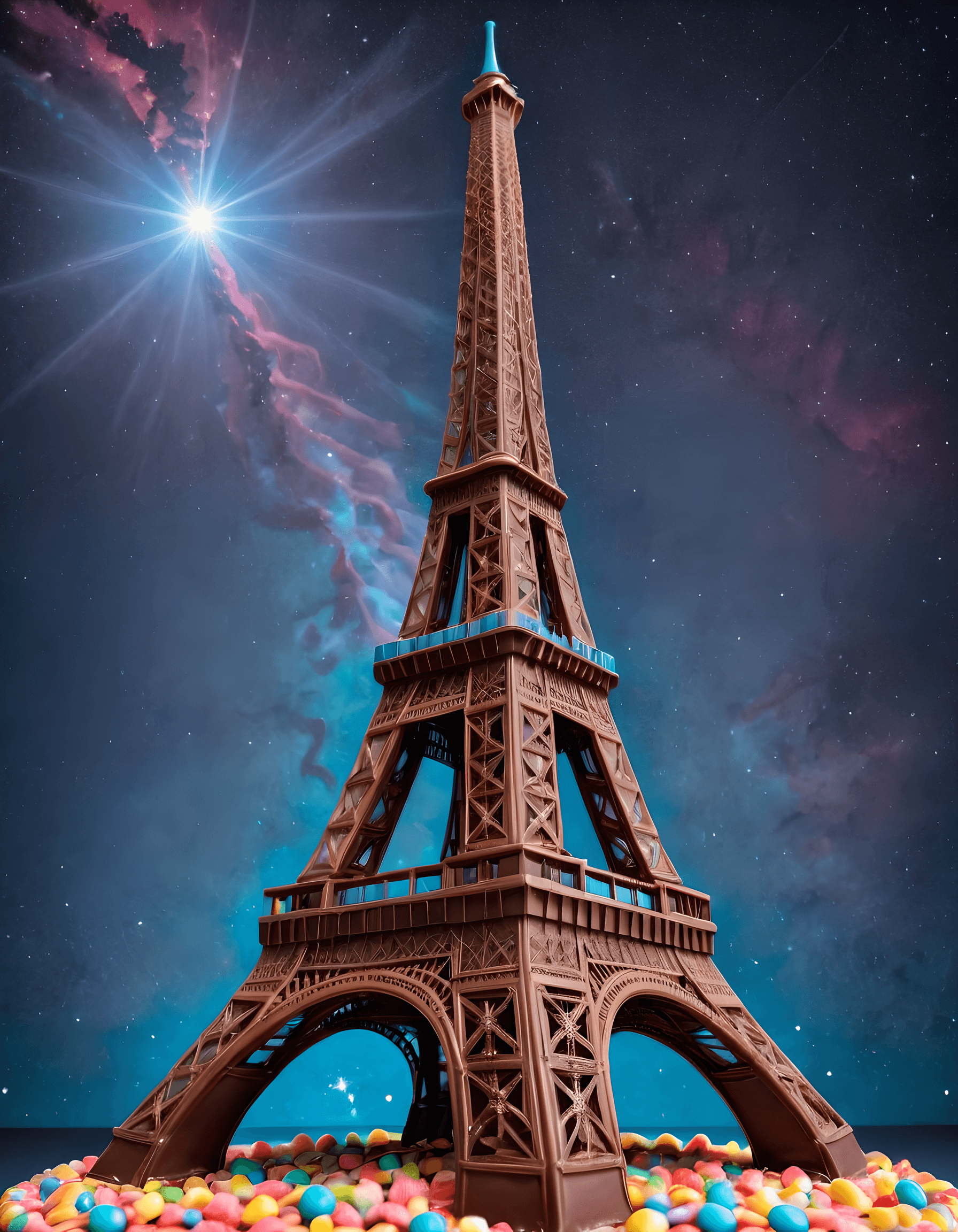 AI generated: the Eiffel tower made from candy and chocolate, intricate detail, colorful, starry sky background