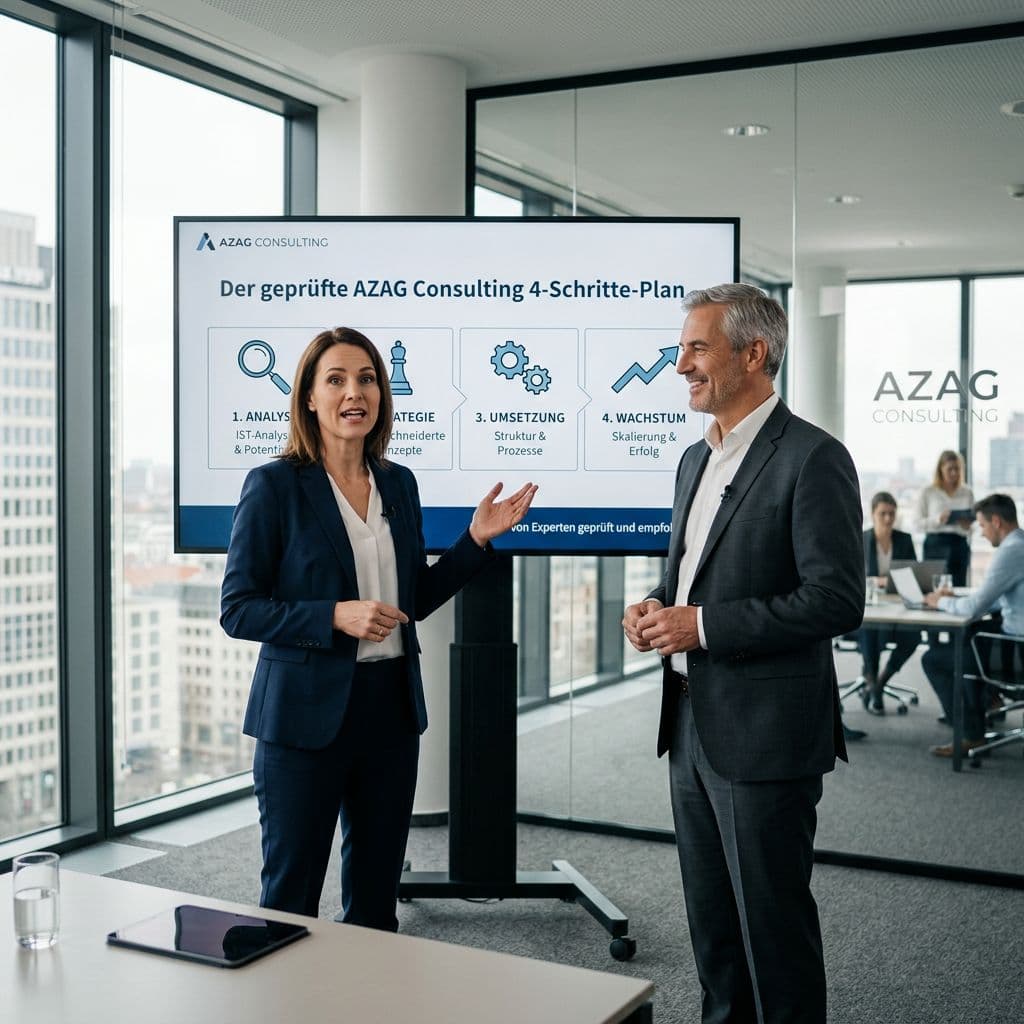 AI generated: Hochwertiges Werbevideo mit zwei seriösen, sympathischen Business-Personen, die AZAG Consulting präs...