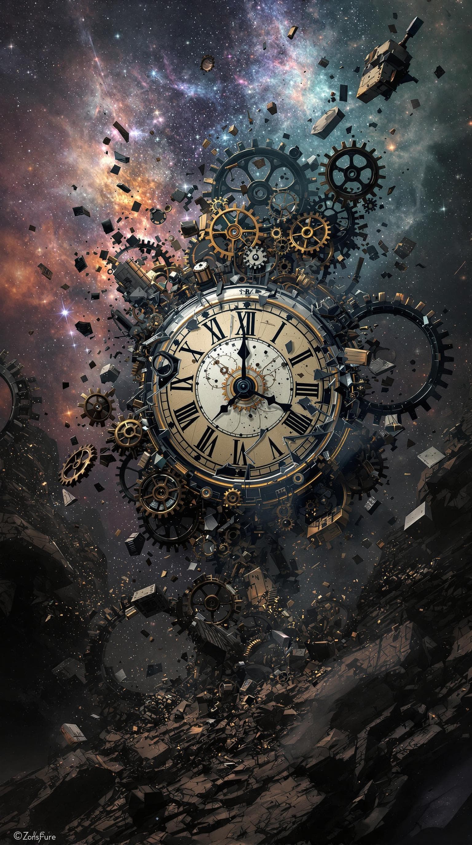 AI generated:  Steampunk style, shattered clock mechanism, cosmic universe background, tiffany mist, catastrophic ...