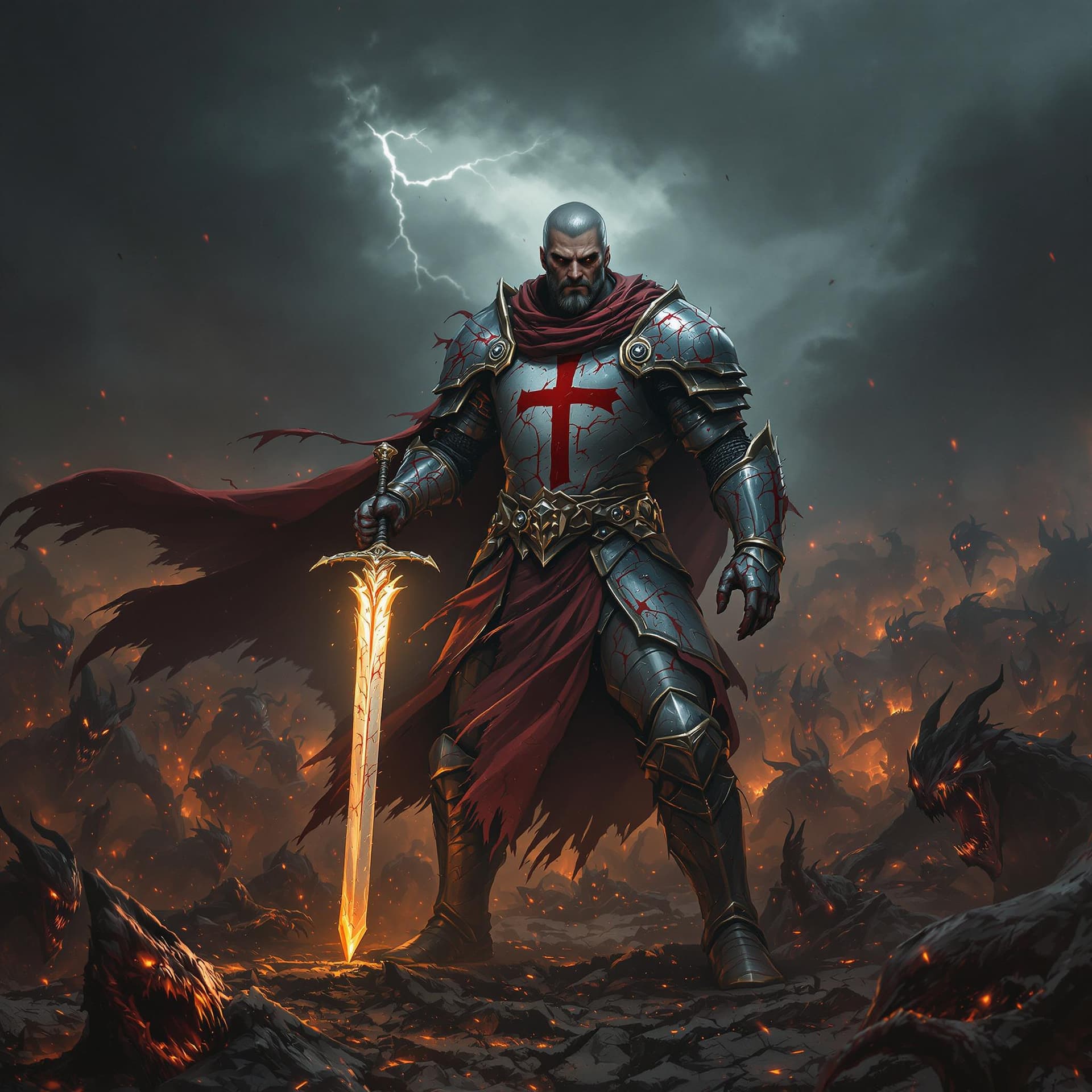 AI generated: A devout paladin, clad in battered and blood-streaked armor, stands defiantly on a scorched battlefi...