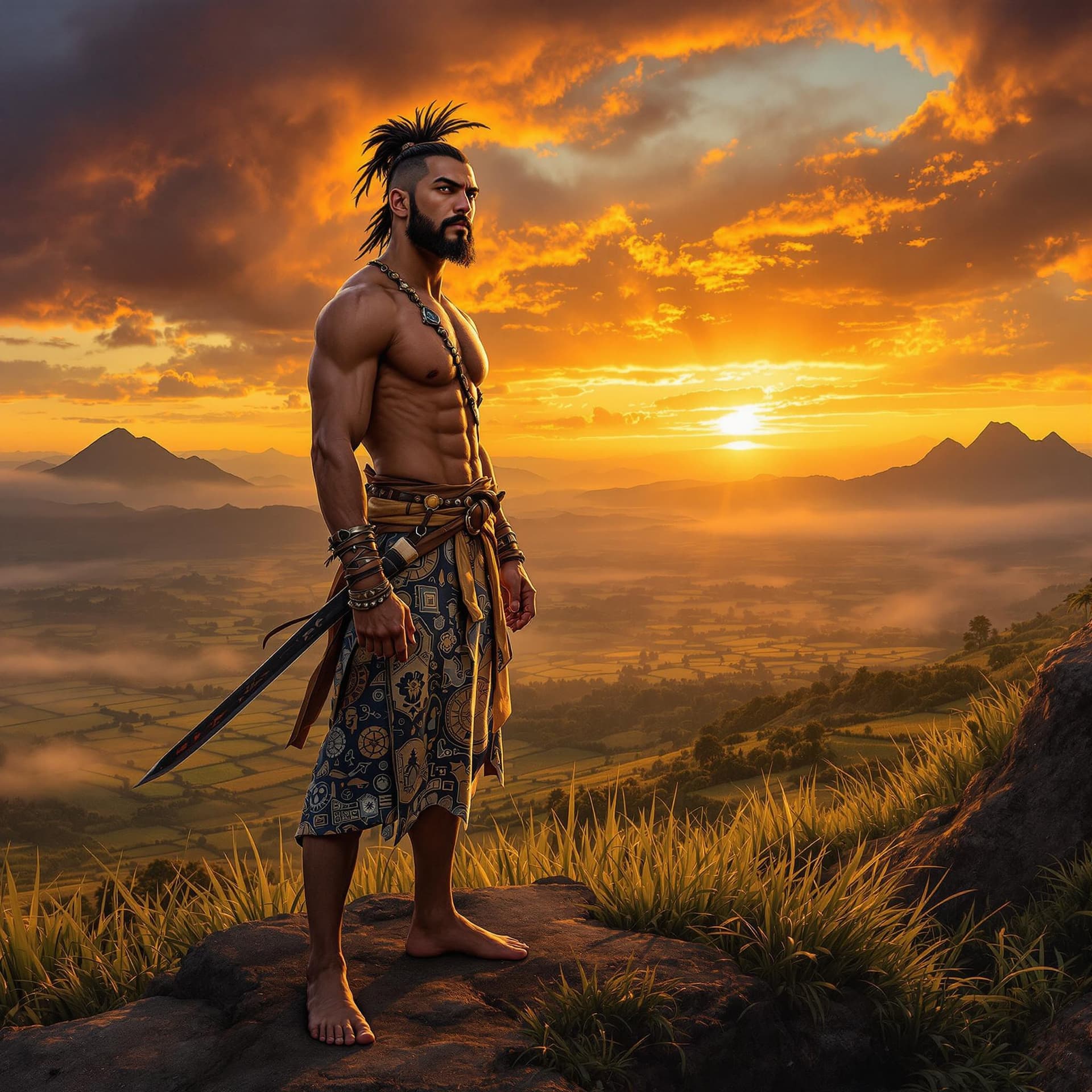 AI generated: "An epic depiction of Mahesa Jenar, a legendary Javanese warrior, standing valiantly on a hilltop un...