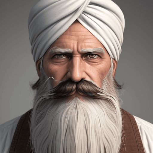 AI generated: The image features an older man, a long white beard and mustache, wearing turban, The man's beard an...