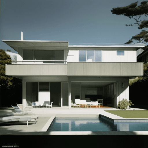 AI generated: Hyper realistic eye level exterior photo of a mid century modern style house overlooking the ocean, ...
