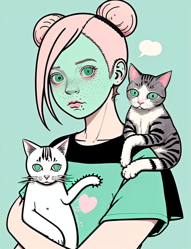 AI generated: An illustration of a quirky girl with pink hair, in the style of Flat shading, Gemma Correll, with f...