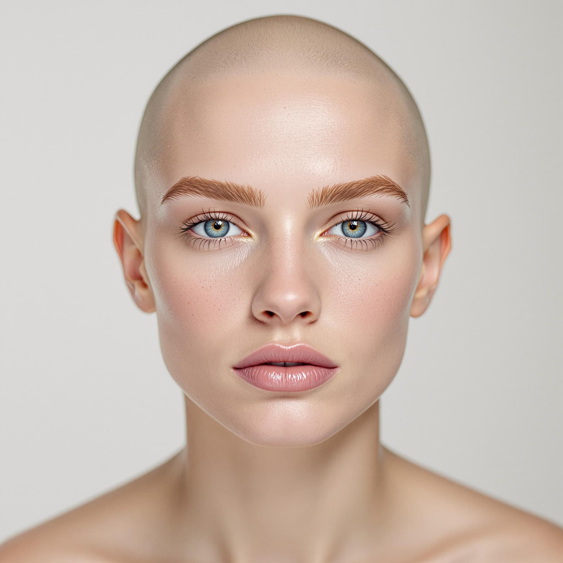 AI generated: a 25 years old bald, white girl, symmetrical face, centralized face, model face, white background, z...
