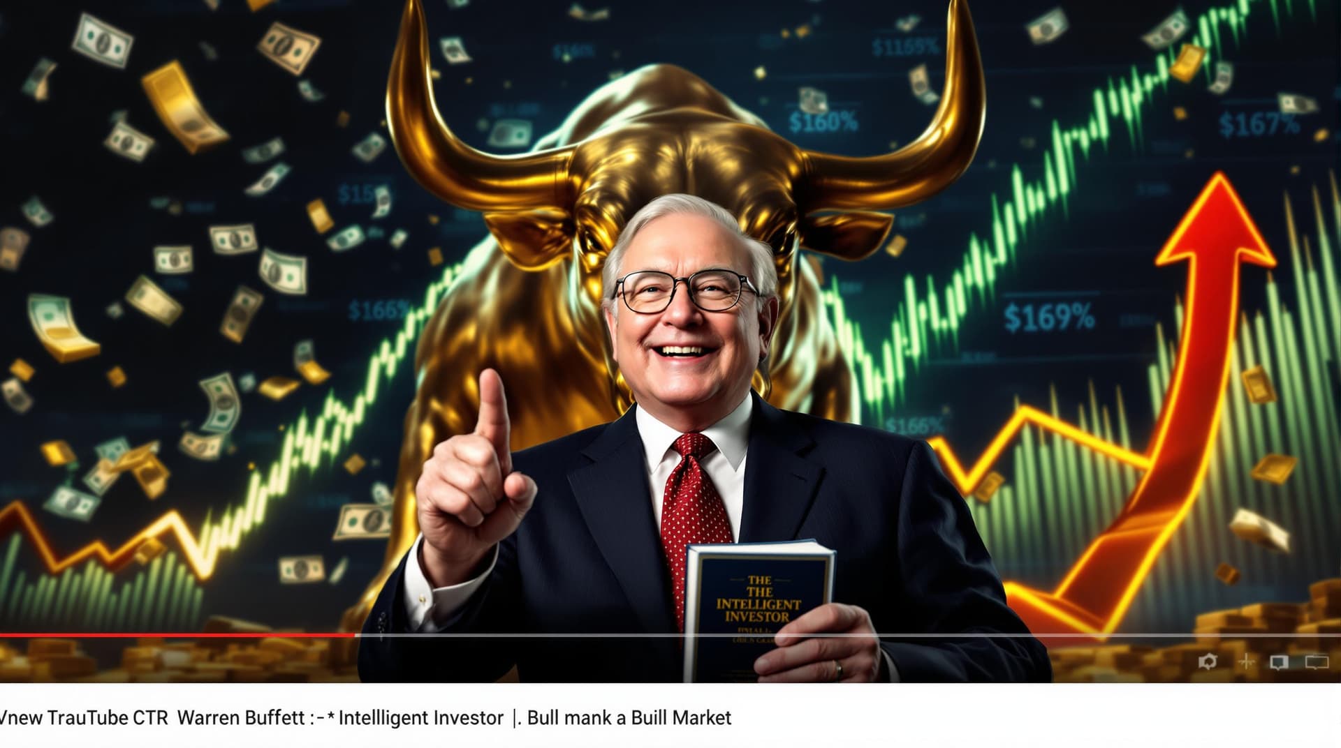 AI generated: A powerful cinematic-style YouTube thumbnail showing Warren Buffett smiling confidently, standing in...
