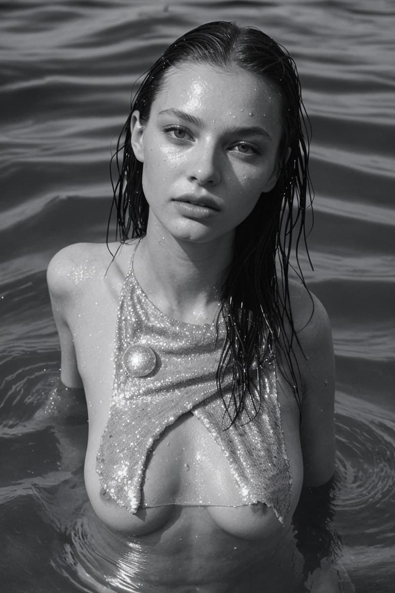 AI generated: A black and white photograph depicting a woman submerged in water, reminiscent of the glamorous styl...