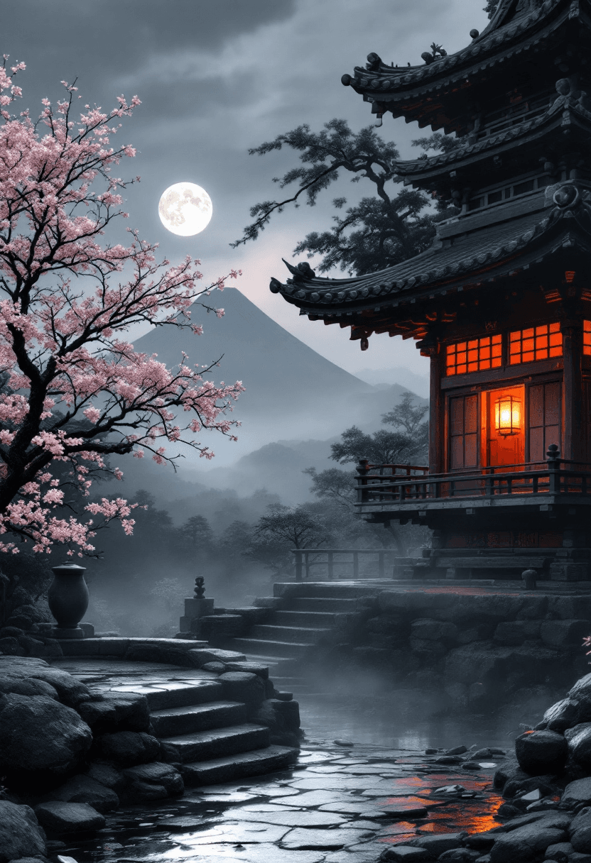 AI generated: An ancient Japanese pagoda, off-center right, hyper-detailed weathered wood (smooth pillars, chipped...