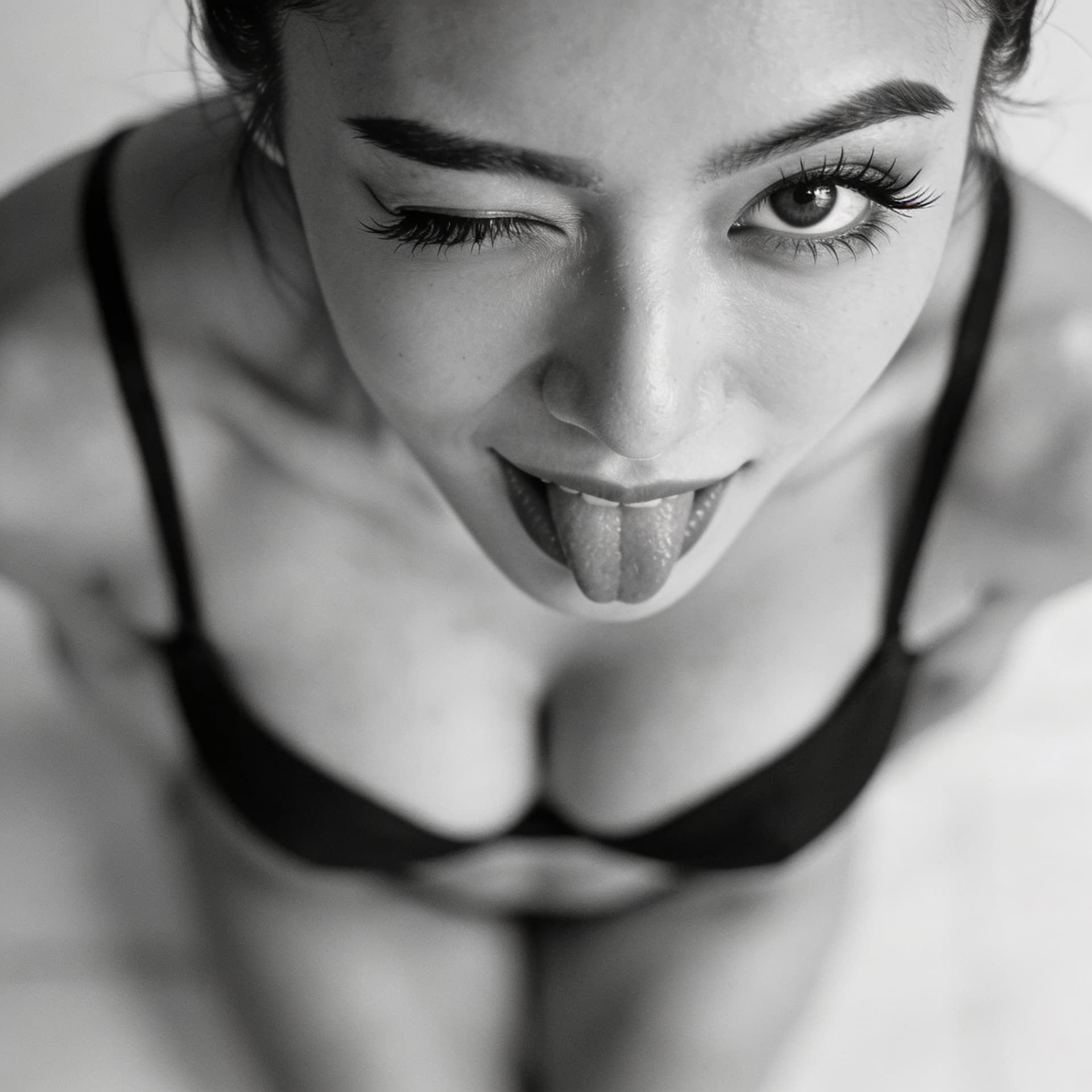 AI generated: SHOT:  • Composition: Young Asian female's eyes and face, camera looking down on her and she's looki...