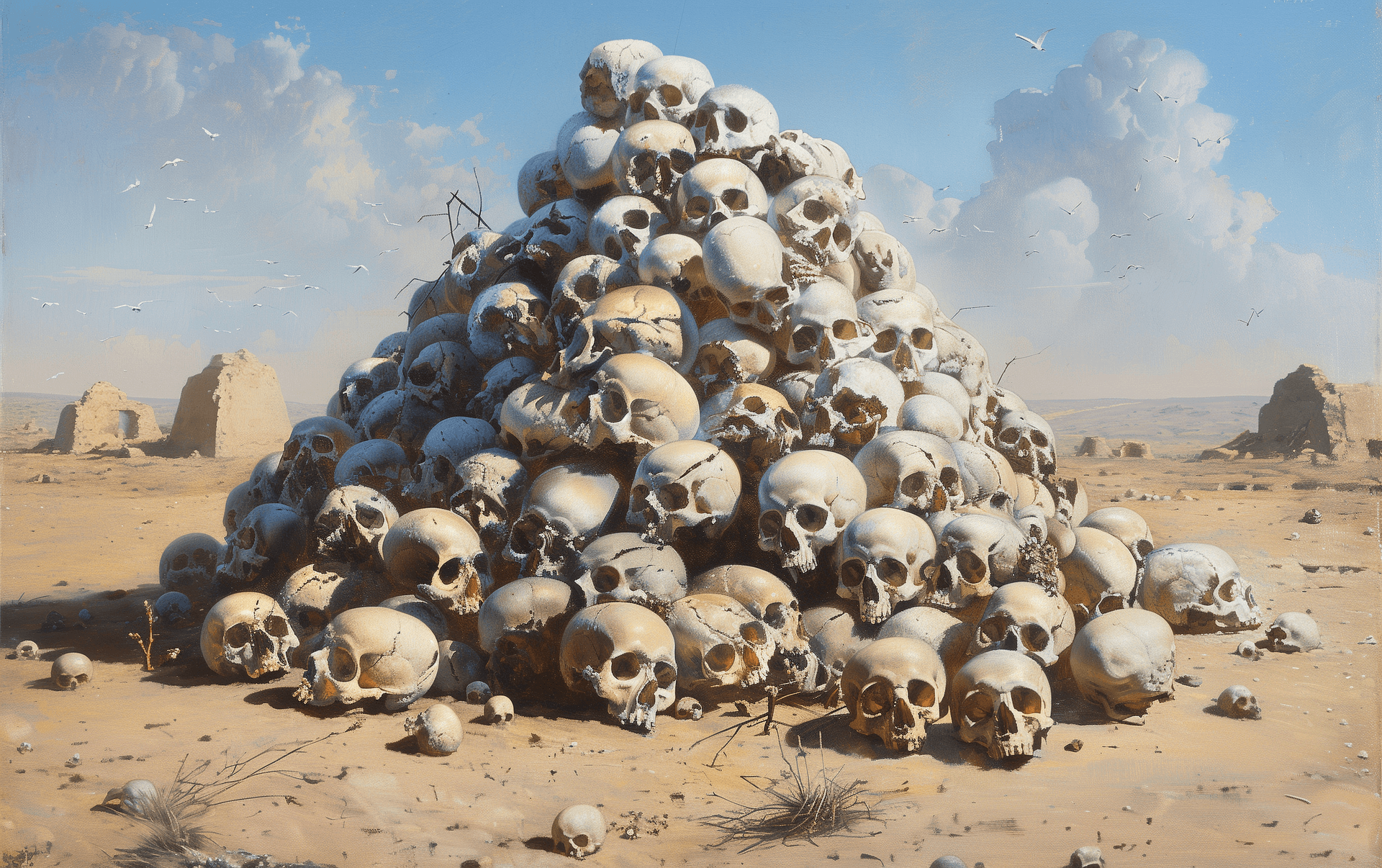 AI generated: A huge pile of skulls in the desert, painted in the style of Vasily Vereshchagin. --v 6.0 --ar 8:5