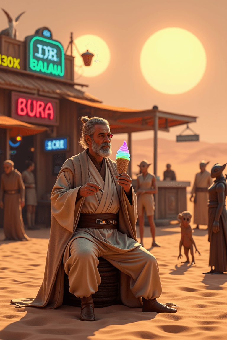 AI generated: A Jedi enjoying a futuristic ice cream on a desert planet, sitting at a vibrant alien strandbar surr...