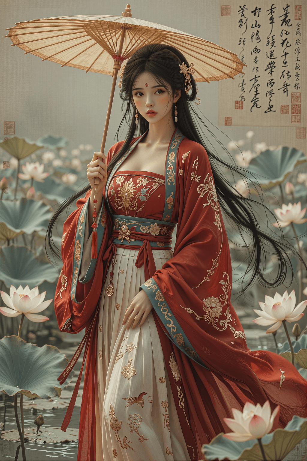 AI generated: The image is a vertical, high-quality illustration of a young woman in traditional Chinese Hanfu, st...