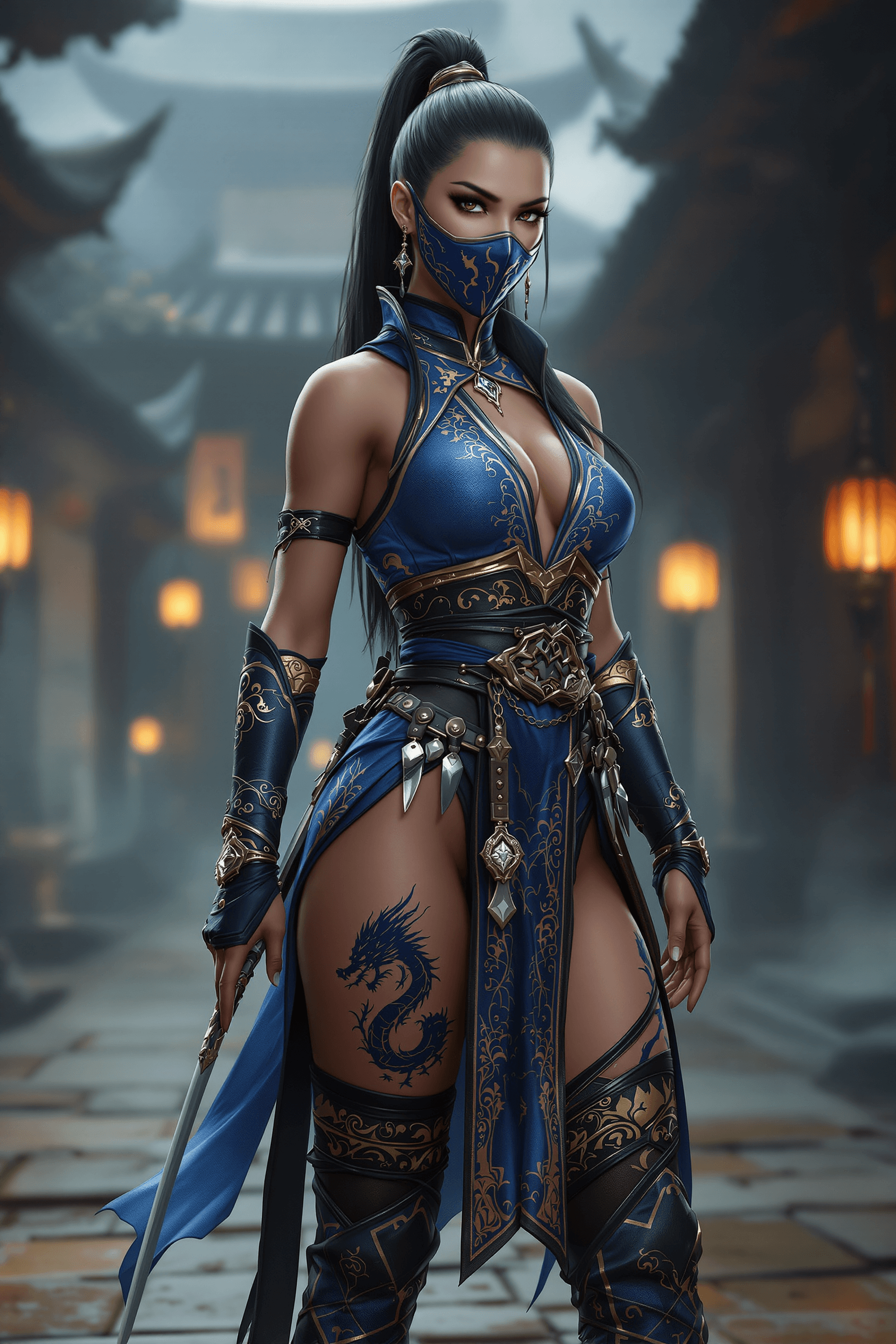 AI generated: An ultra-realistic, full-body portrait of Kitana from Mortal Kombat, standing in a strong, battle-re...