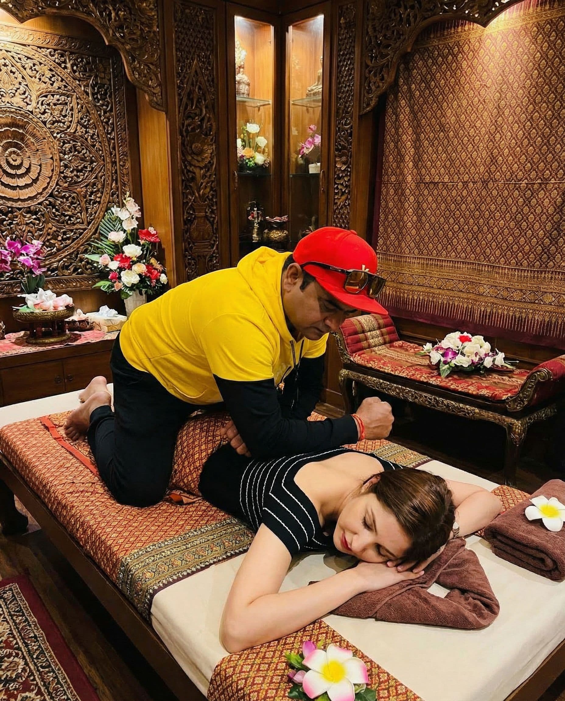 AI generated: thai massage  indian man giving a massage to a woman lying on a massage bed. Realistic pictures with...