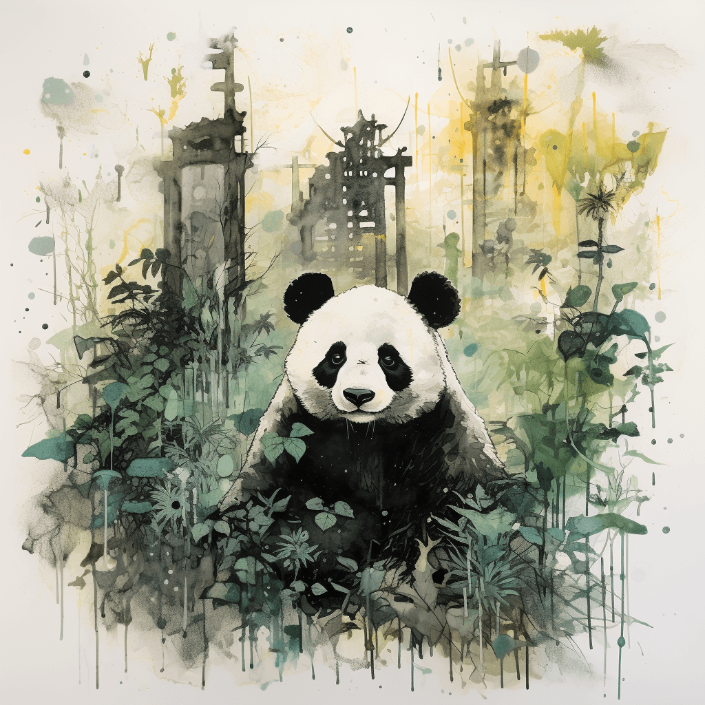 AI generated: Constructivism painting of beautiful panda in banboo forest, himalayan art, ukiyo-e, chinese ink pai...