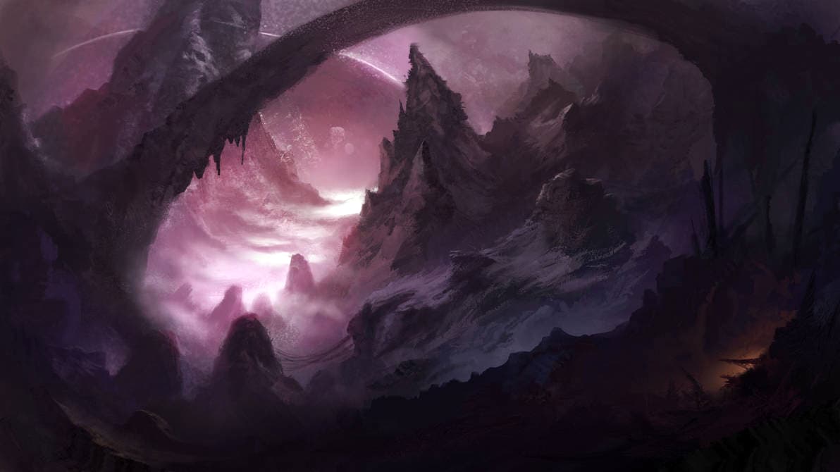 AI generated: A vast, otherworldly fantasy landscape unfolds beneath an alien sky, dominated by towering jagged mo...