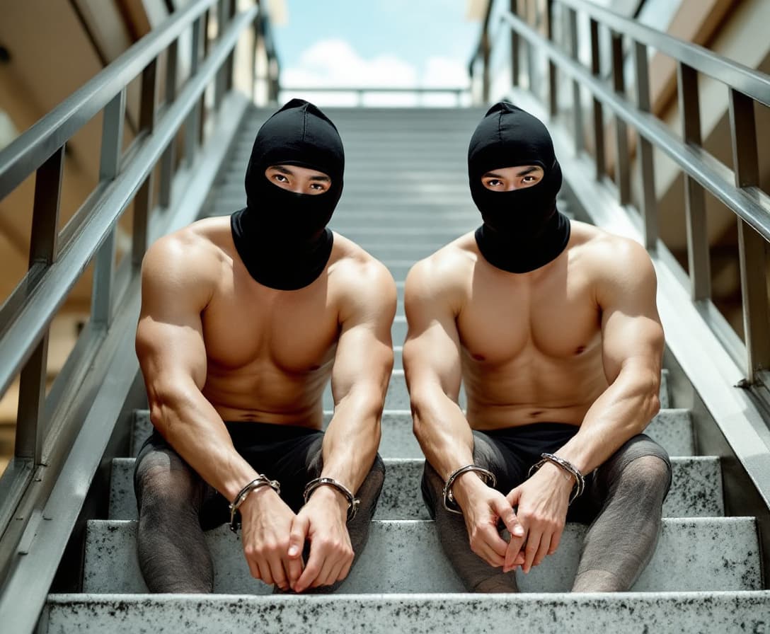 AI generated: Two male Asian born Chinese strong swimmers wearing compression jammers were arrested in day time. T...