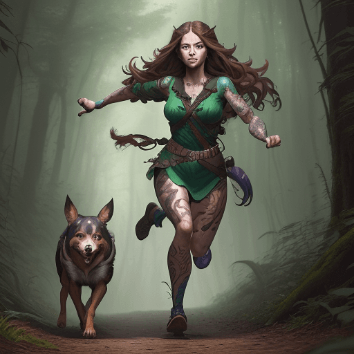AI generated: a huntress running through the forest with her dog, brown hair, blue face tattoo, green and brown ou...