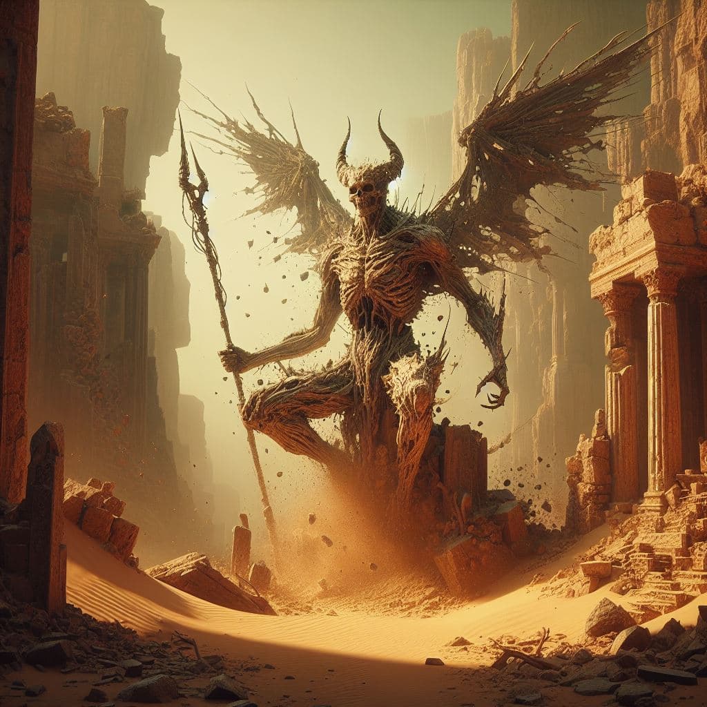 AI generated: A monstrous form made of bones with wings of horns resembling sand spikes rising from a sand ruin as...