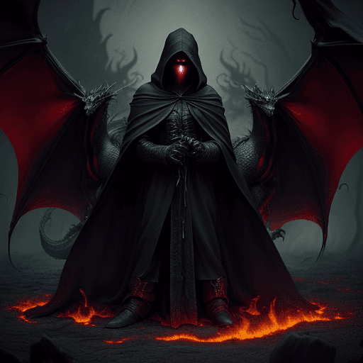 AI generated: Retro Dark Fantasy Gothic Style with grainy background, Hooded Cloak Figure faces against an evil dr...