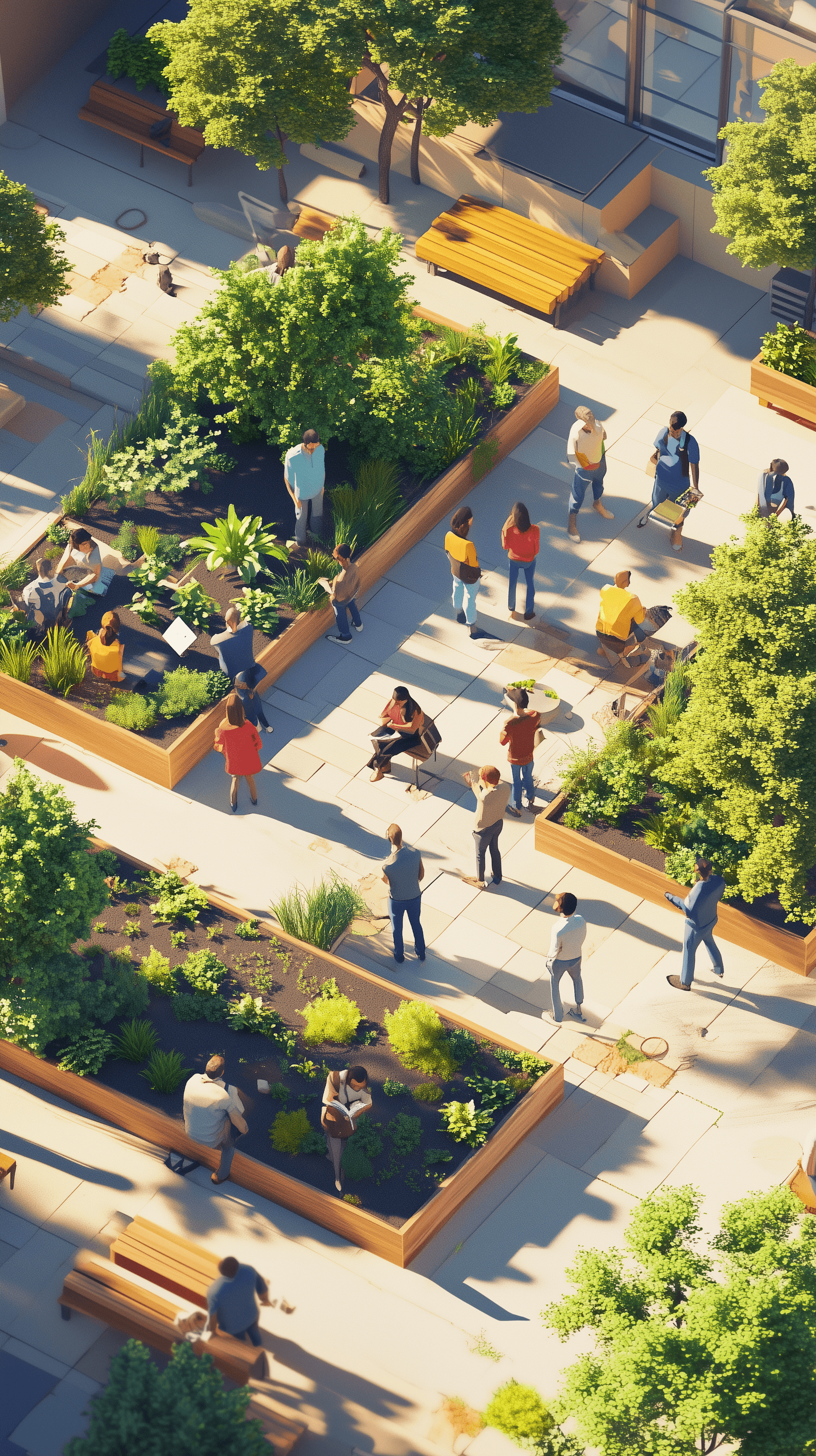 AI generated: bustling city rooftop garden viewed, diverse groups of people engaged in various activities like gar...