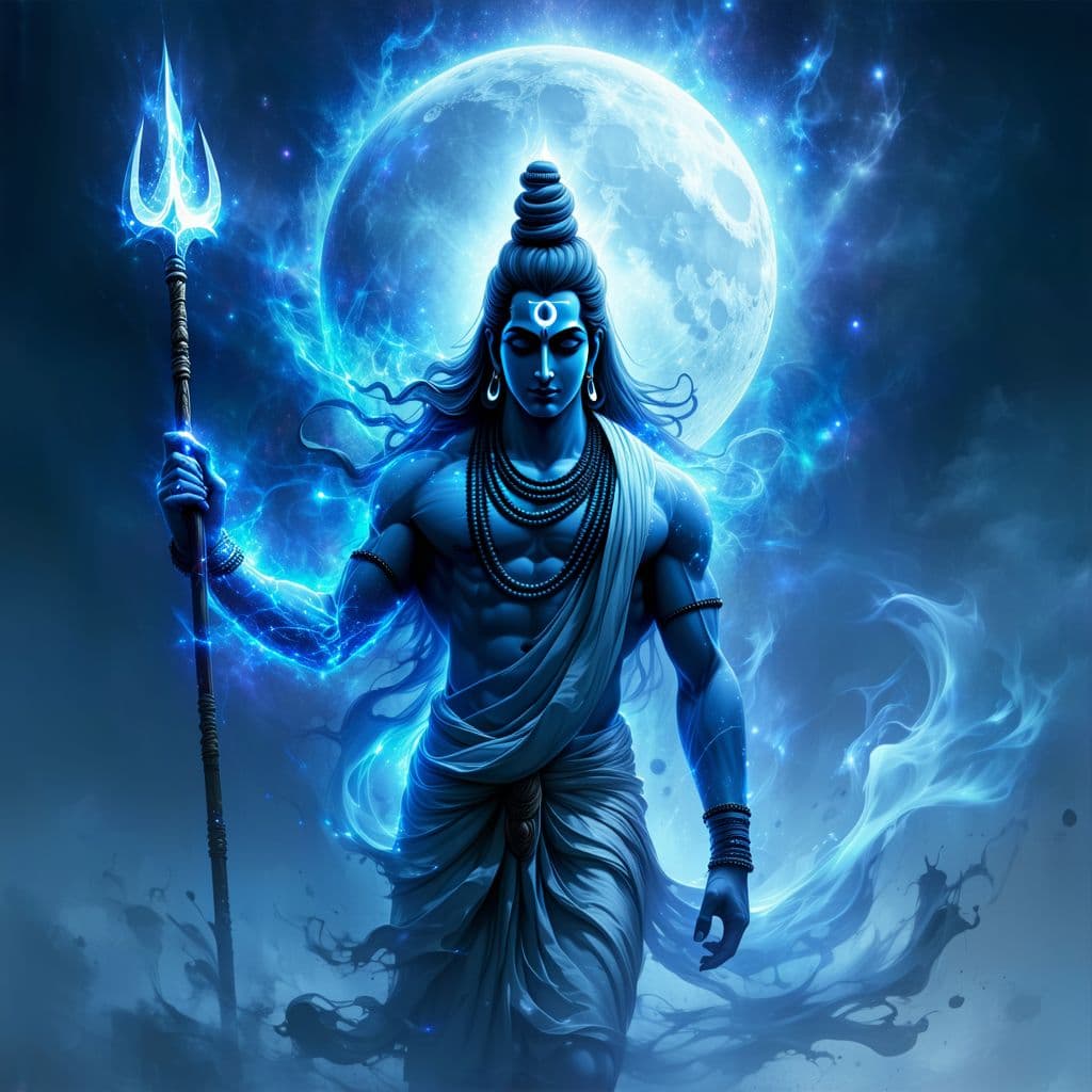AI generated: **A towering singular figure dominates the 9:21 vertical frame Lord Shiva embodied as the cosmic ess...
