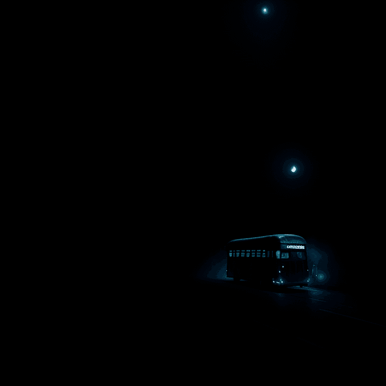 AI generated: mid shot view of a dark blue bus in the middle of the night, moonlight,  eerie lighting with neon mi...