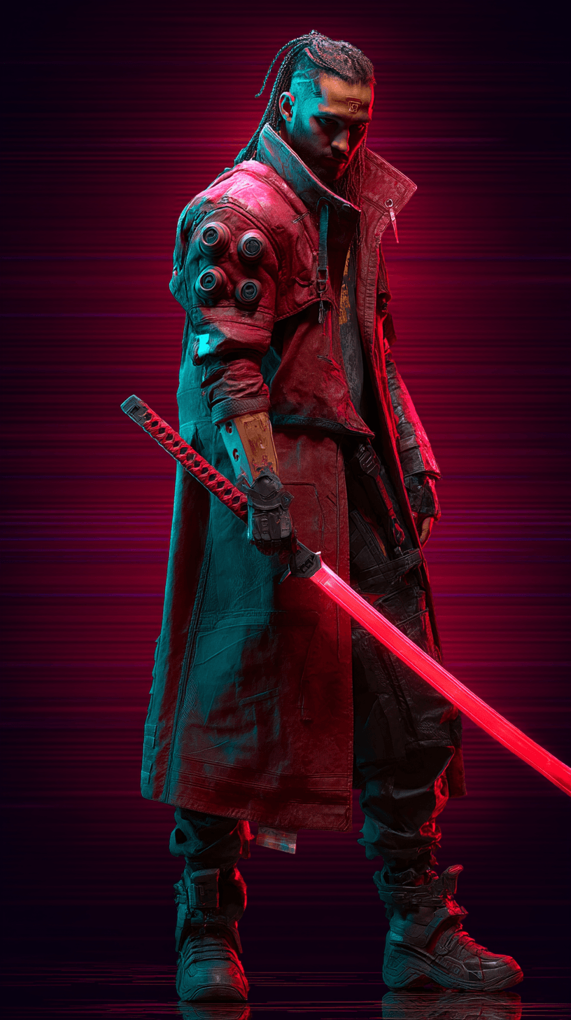 AI generated: A powerful Cyberpunk bounty hunter, dressed in a [dark red and black armored trench coat], gripping ...