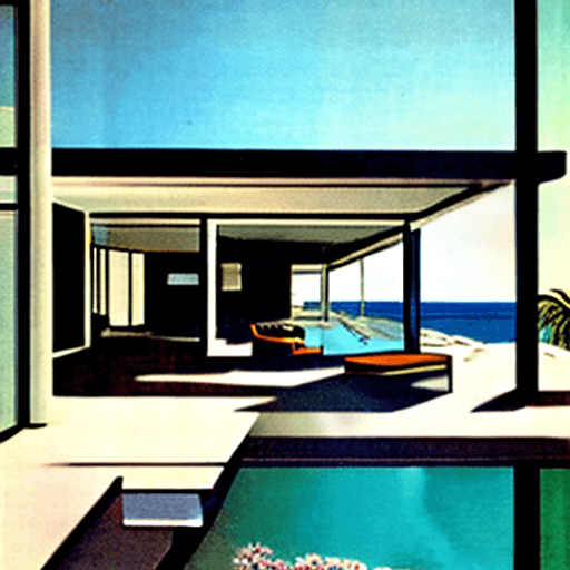 AI generated: Hyper realistic eye level exterior photo of a mid century modern style house overlooking the ocean, ...