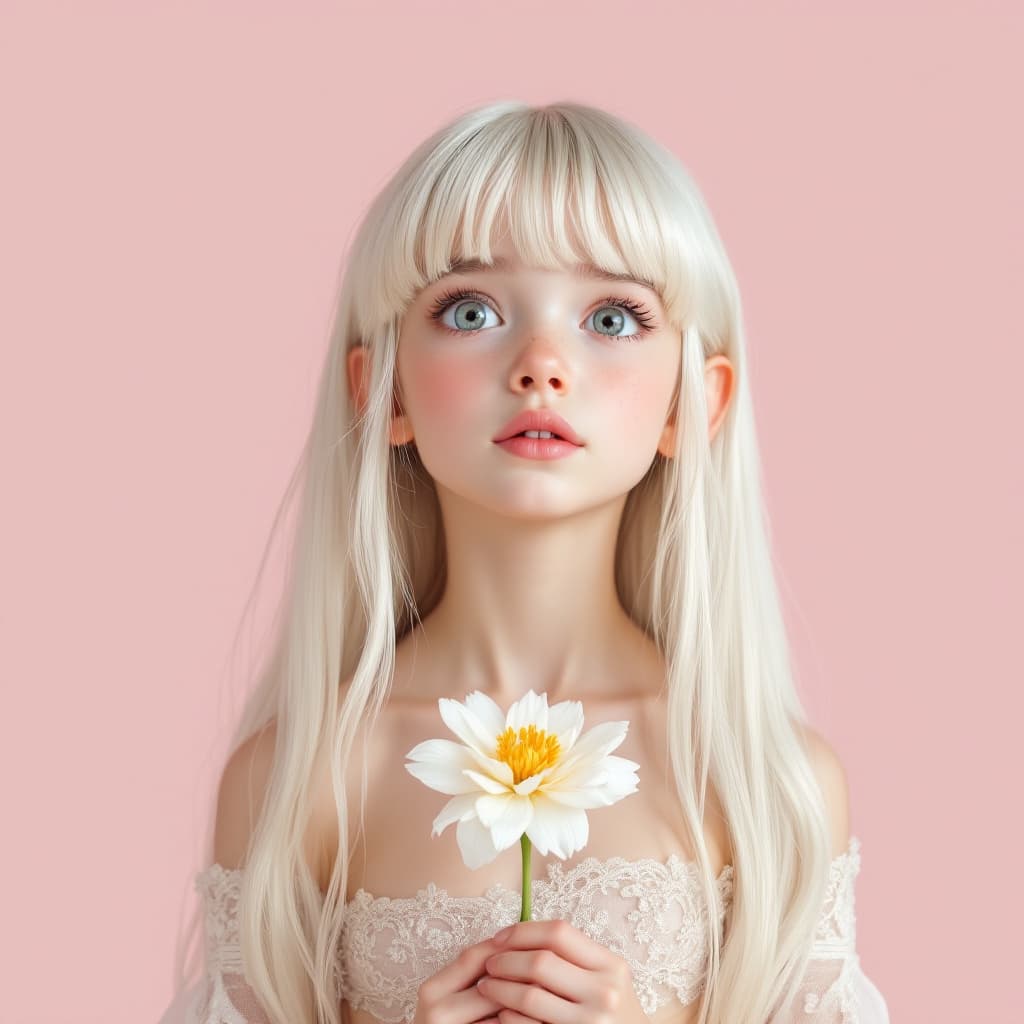 AI generated: digital art portraits, boy aged 8, long and platinum blonde hair color, bangs, skinny, wearing a bel...