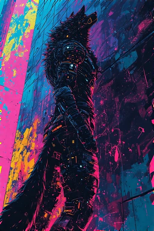 AI generated: A lone cyberpunk wolf stands silhouetted against a towering graffiti-covered wall in a neon-drenched...