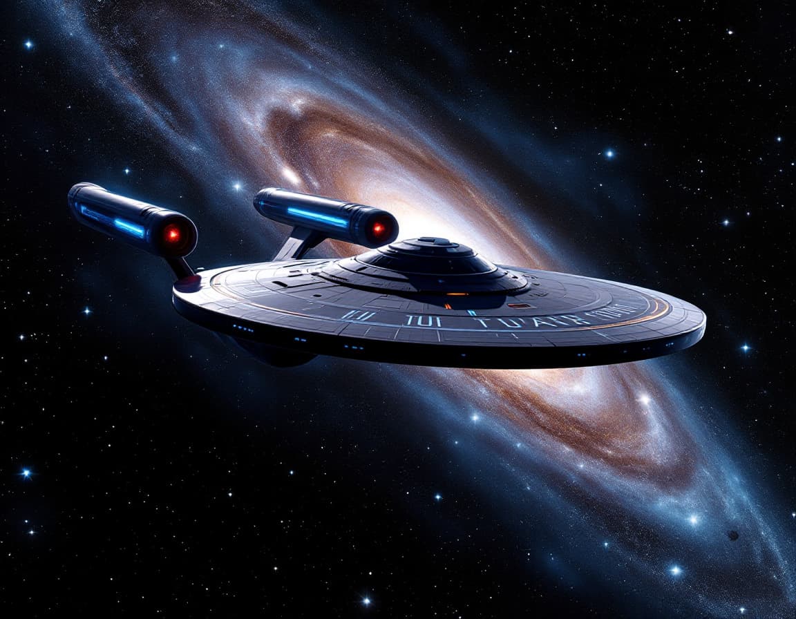 AI generated: enterprise ncc-1701D twin engine starship in starry space against background of Andromeda Galaxy, ph...