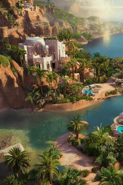 AI generated: Moroccan Villa surrounded by water and nature, village, volumetric lighting, photorealistic, insanel...