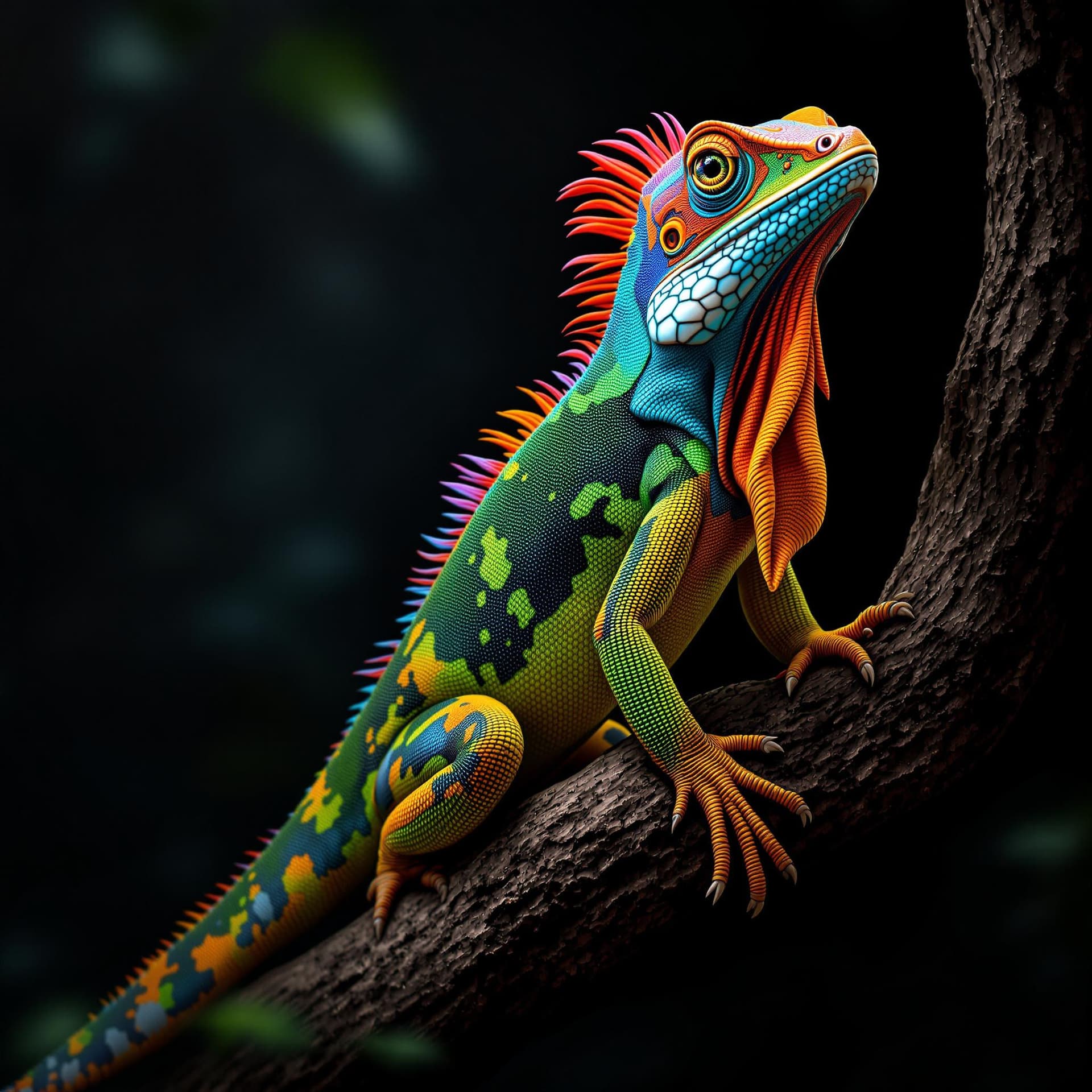 AI generated: The image features a large, colorful lizard with a long neck and a long tail. The lizard is sitting ...