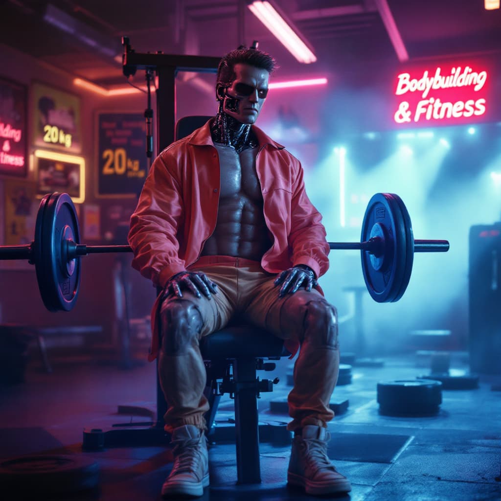 AI generated: A hyperrealistic 1980s-style cinematic scene showing the Terminator from The Terminator movie seated...
