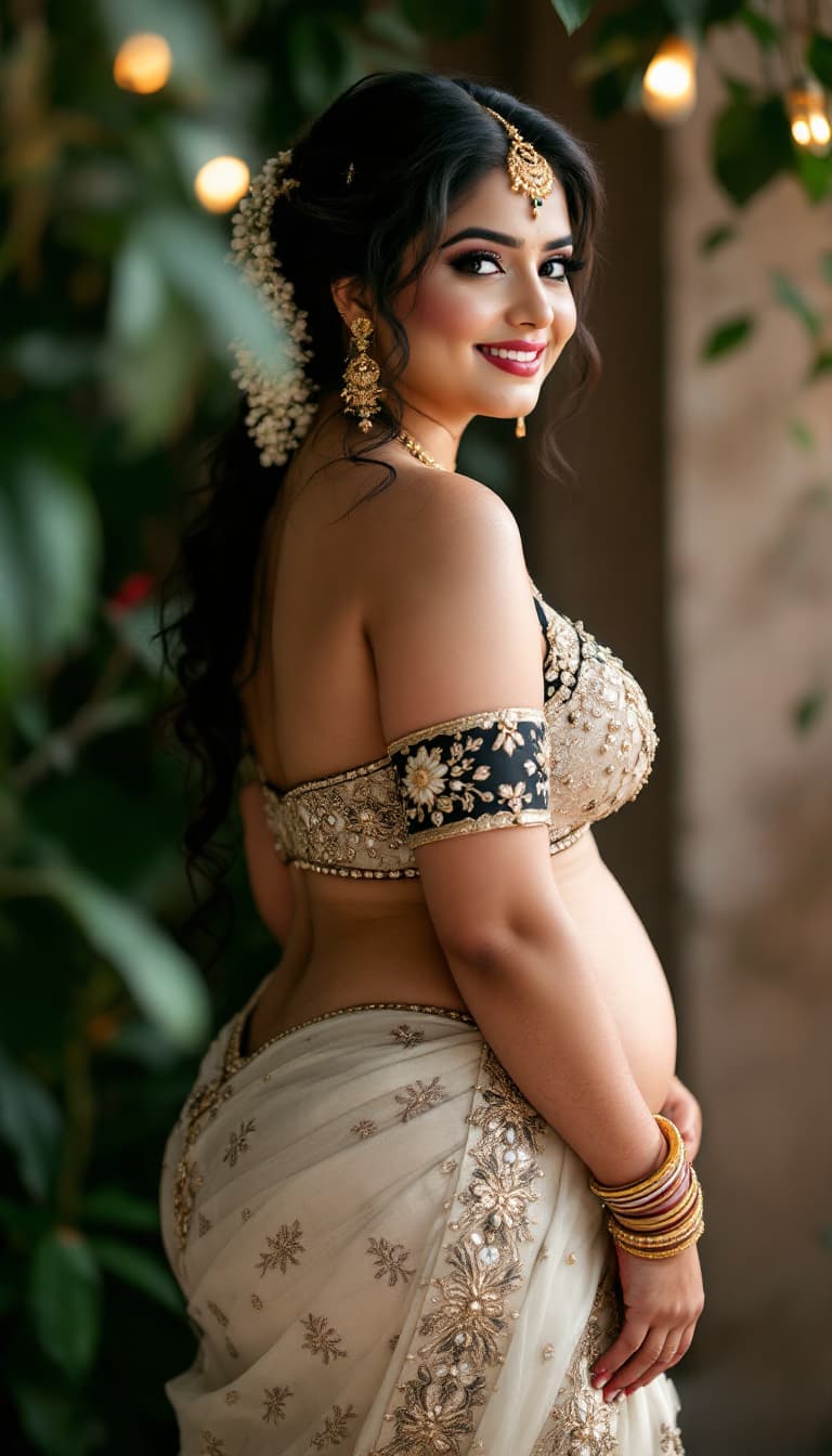 AI generated: full body  plus size Indian bride woman  without blouse and undergarments, tight full front view lar...