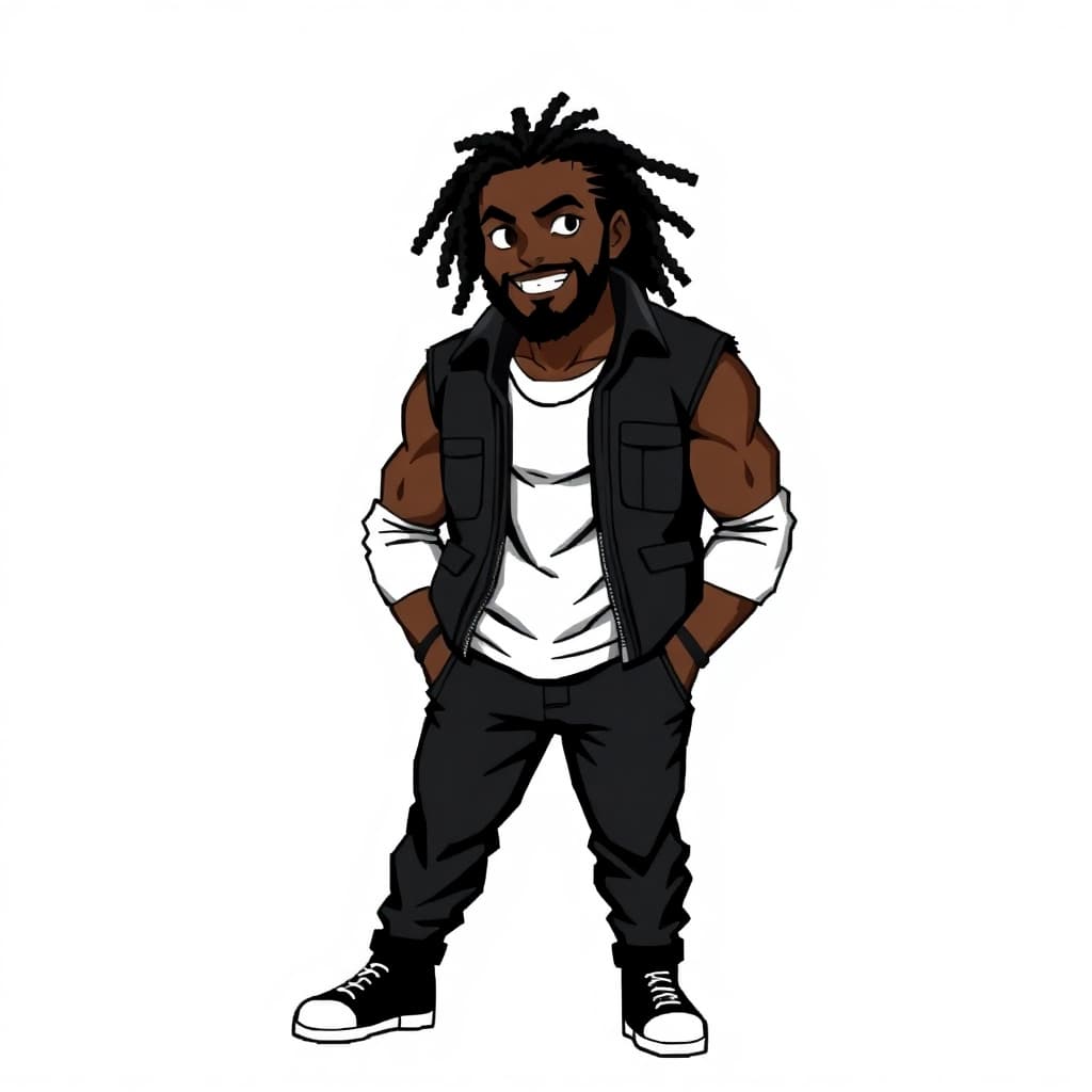 AI generated:  pixelated art style from the NES era  of a black male with an Espresso skin tone with  locs with a ...