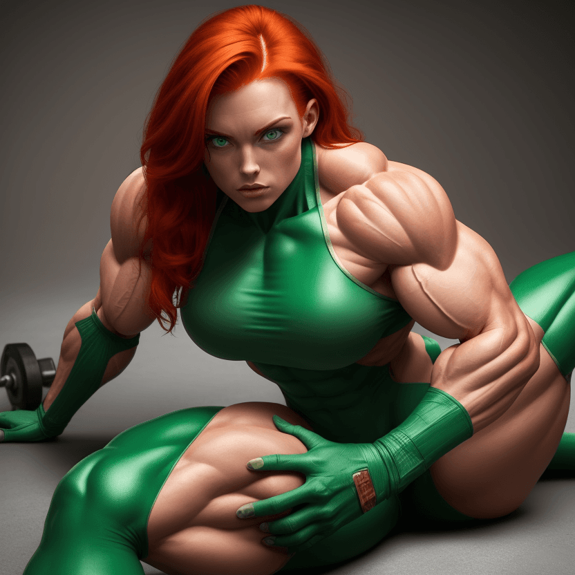 AI generated: 1 beautiful bodybuilder woman with a wide strong jaw, red hair, green eyes, SFW, big arms, big legs,...