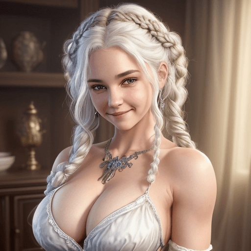AI generated: Sweet mischievous face, young girl, white hair with curly braids, extremely detailed brown eyes, imp...