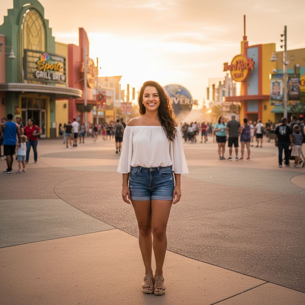 AI generated: Hyper realistic photo, a smiling Brazilian woman, full body, centered in the CityWalk walkway, Unive...