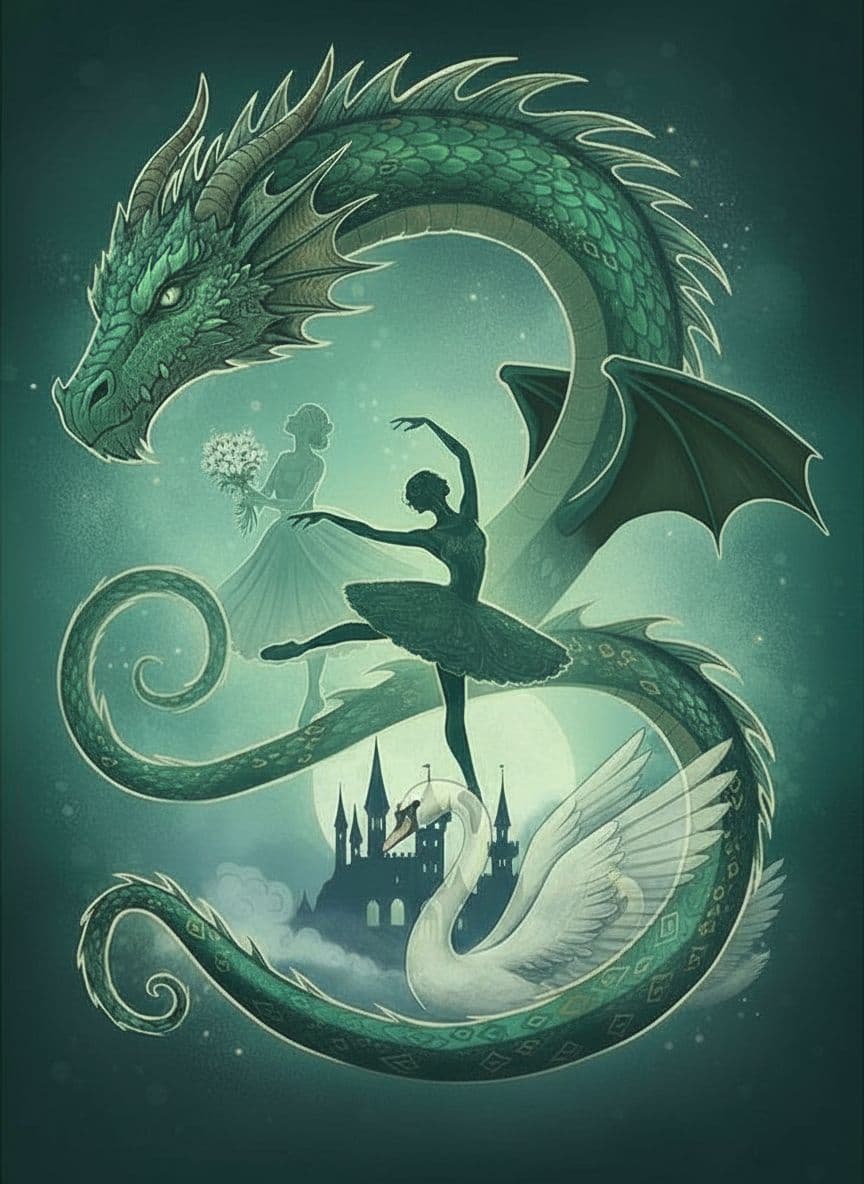 AI generated: save all of the image- style, ballerinas, castle, swan, moon, colors..., add body of the dragon and ...