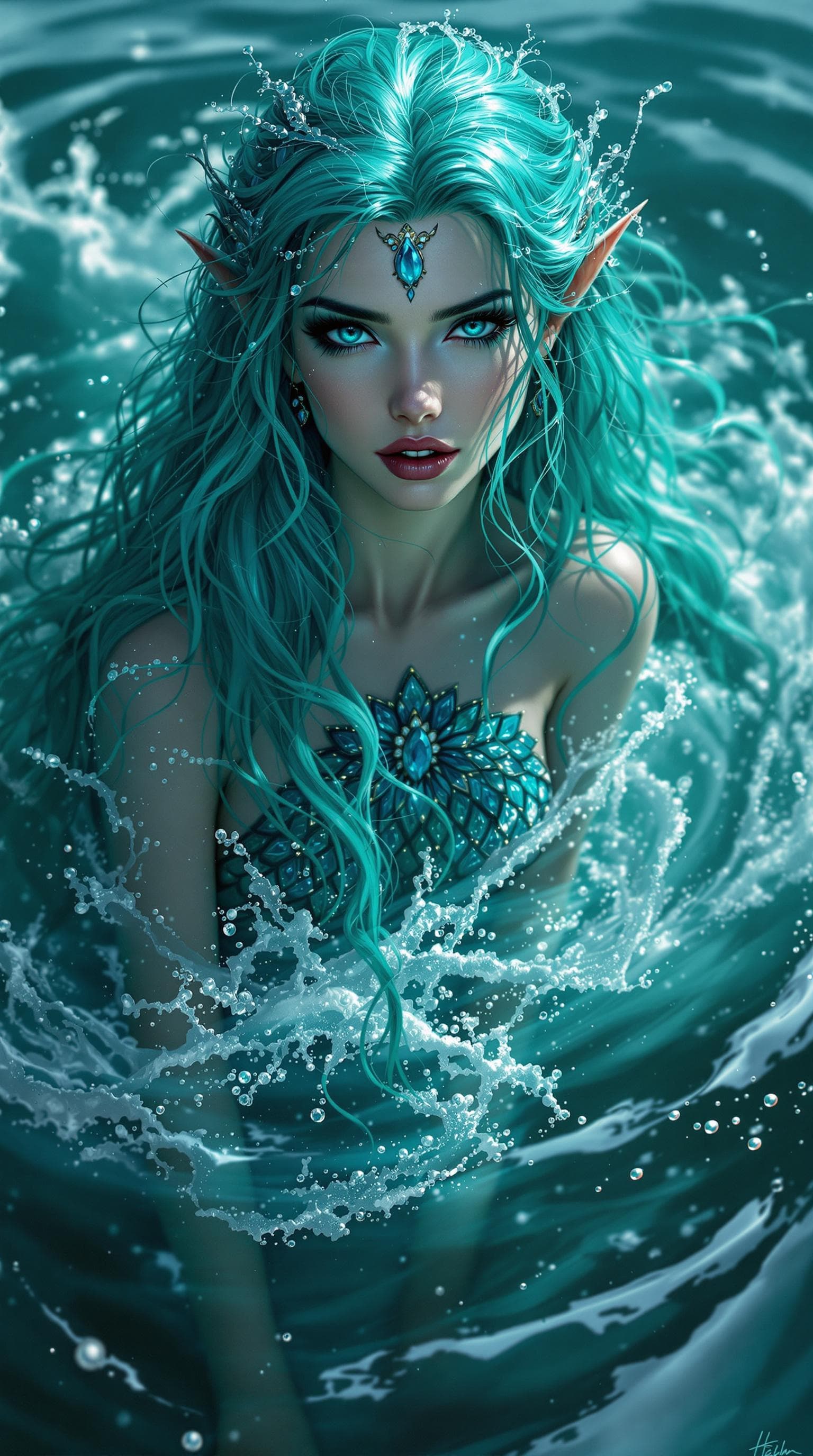 AI generated: A turquoise-haired siren emerges from the sea, her long turquoise hair and hypnotic blue eyes drawin...