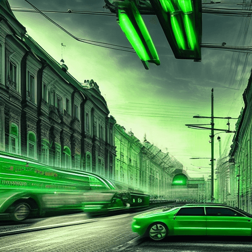 AI generated:  Excursion through digital channels of St. Petersburg, cyberpunk, light green, sberbank

