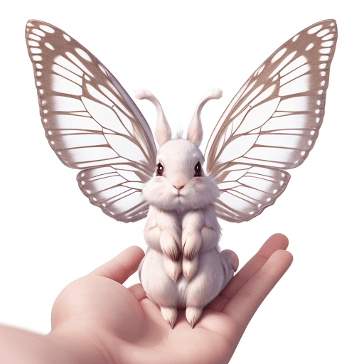 AI generated: A little mythical rabbit with butterfly wings resting comfortably in the palm of your hand. Detailed...
