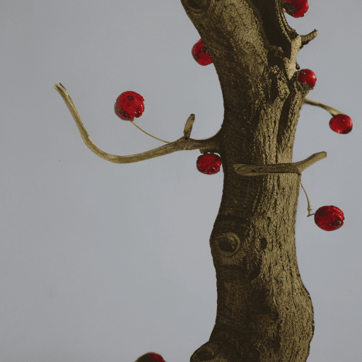 AI generated: curly tree trunk with branches with leaves with red berries, medieval style, white background