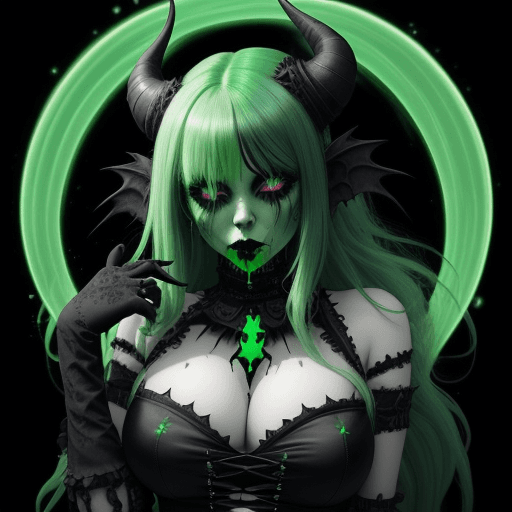 AI generated: Gorgeous demon girl with long toxic green hair, curvy body, black gothic style clothing, holding a g...