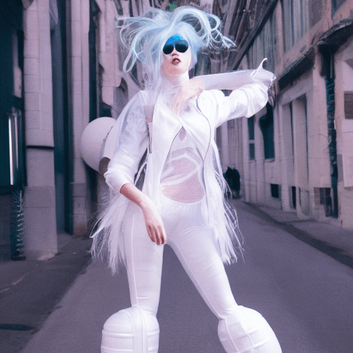 AI generated: futuristic fashion shoot, female model, big white hair, white inflatable streetstyle clothes, outrag...