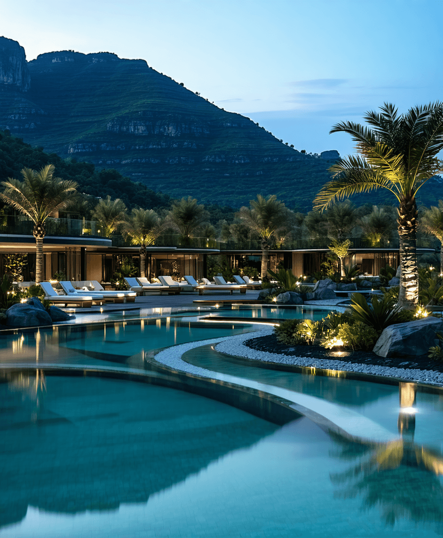 AI generated: Ultra-high end photo cinematic / realstic for exterior high end international resort / blue hour / c...