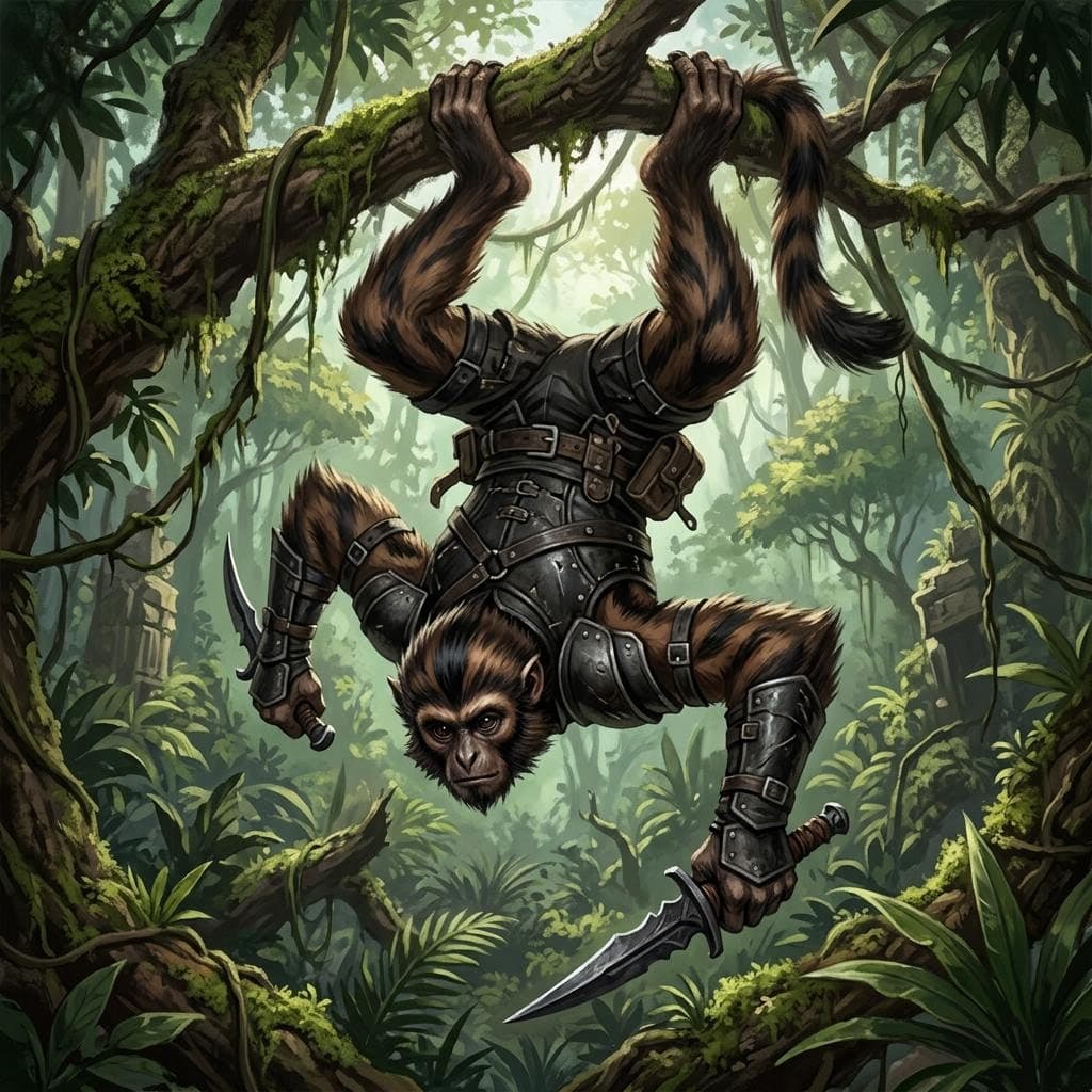 AI generated: a male gibbon monkey man hybrid with dark brown fur with streaks of black and wearing black leather ...